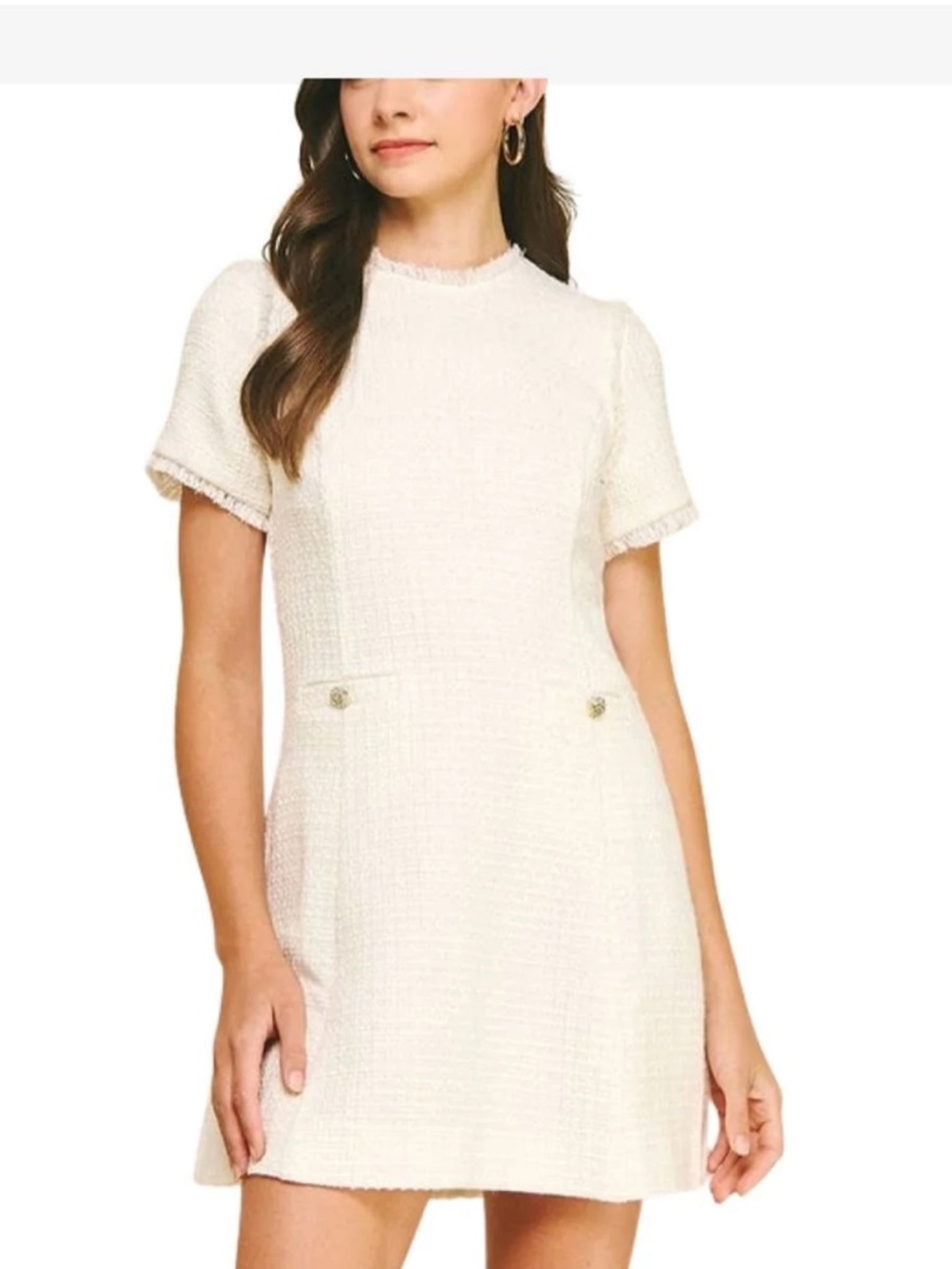 Cream Tweed Short-Sleeve Shift Dress
